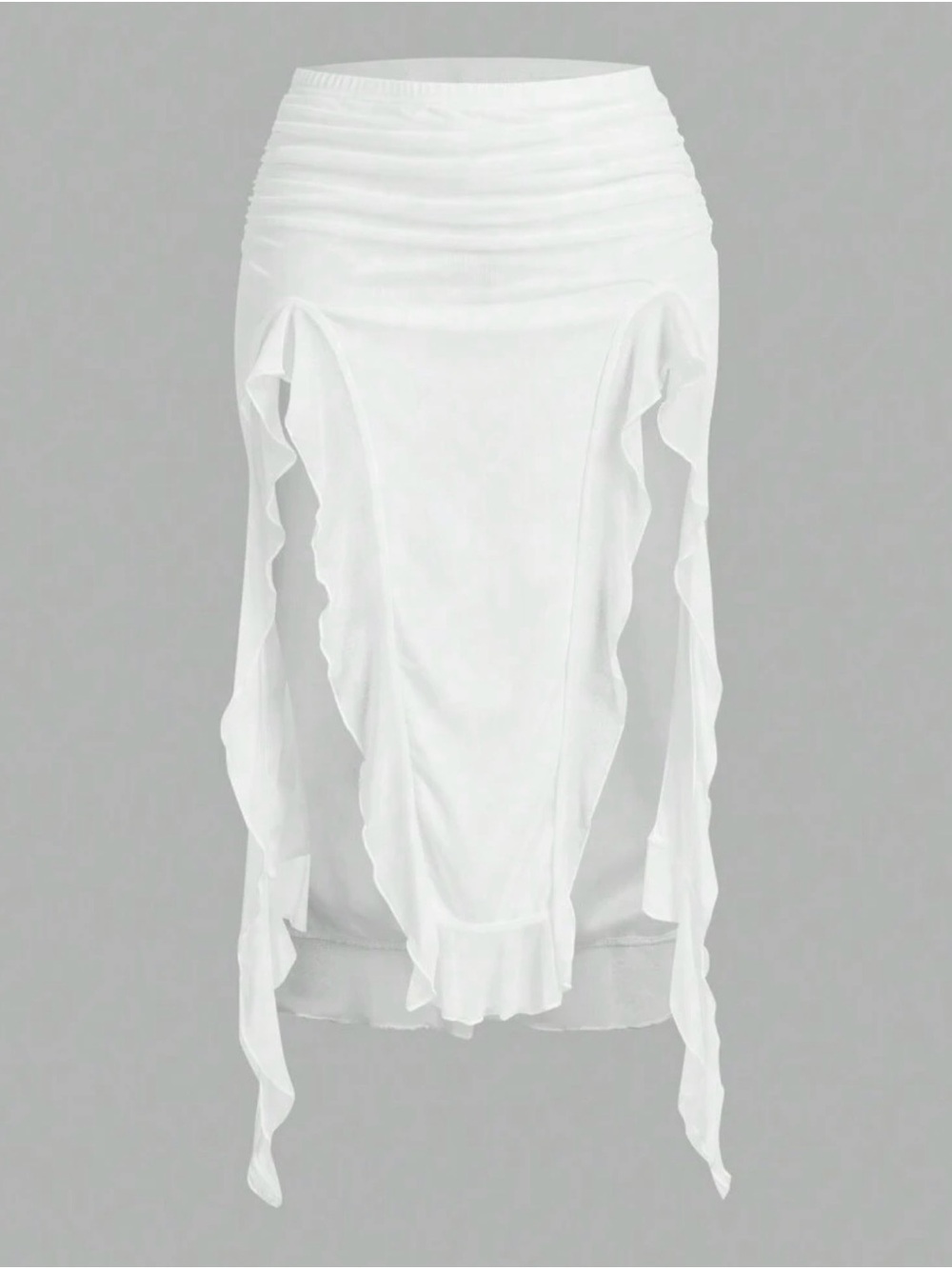 White Ruched Ruffle A-Line Skirt